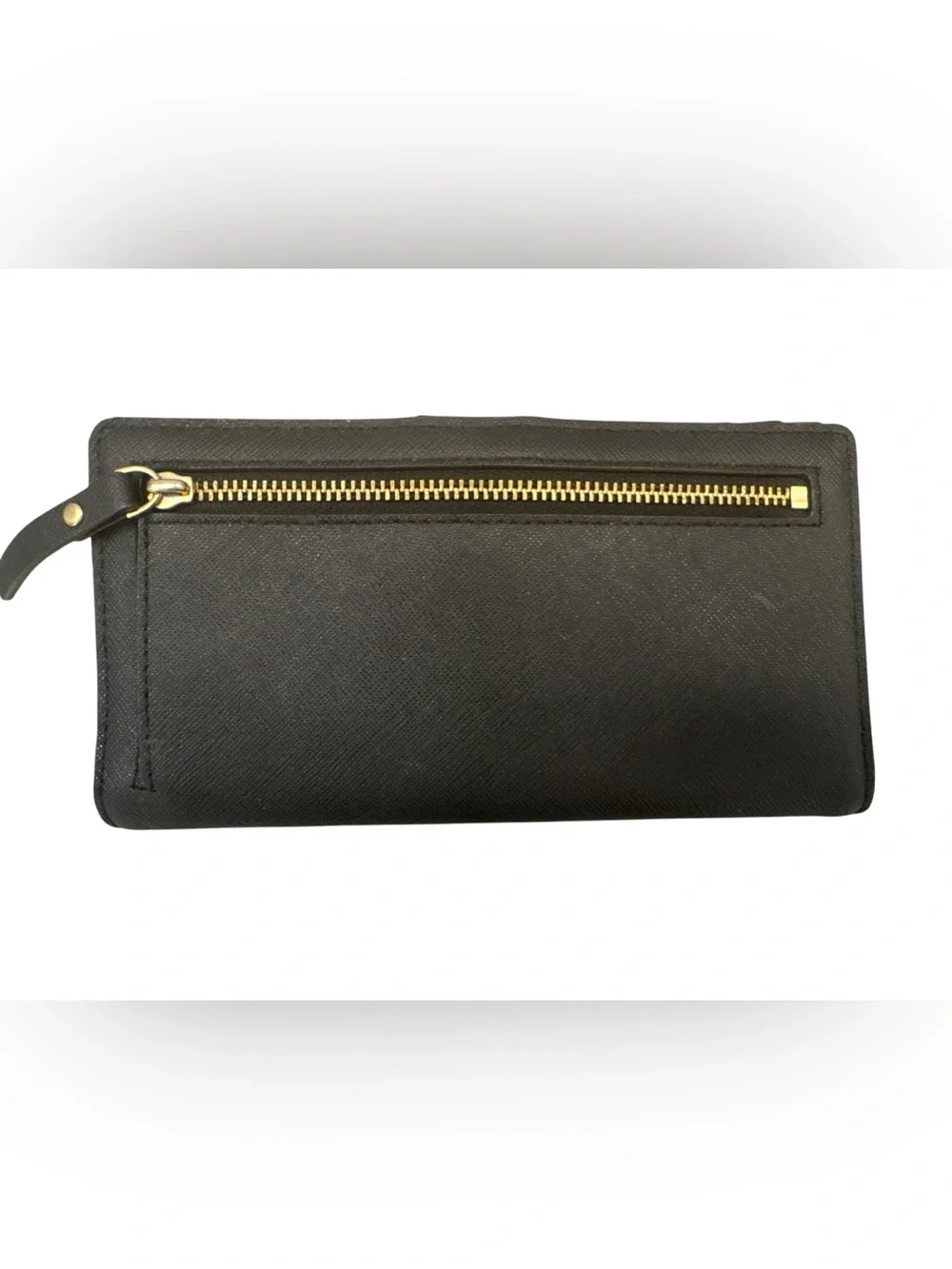 Kate Spade Black Long Saffiano Leather Zip Wallet with Gold Plaque
